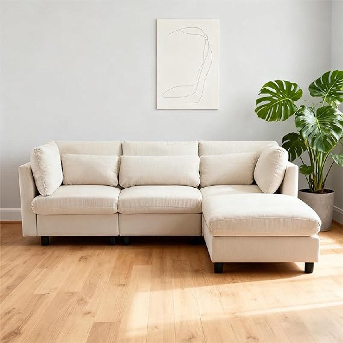 Luxe L-vormige Hoekbank met Voetenbank en Kussens – Moderne 4-zits Sofa voor Woonkamer – Comfortabele Hoge Rugleuning, Armsteunkussens en Lumbar Ondersteuning – Beige of Grijs House&Garden