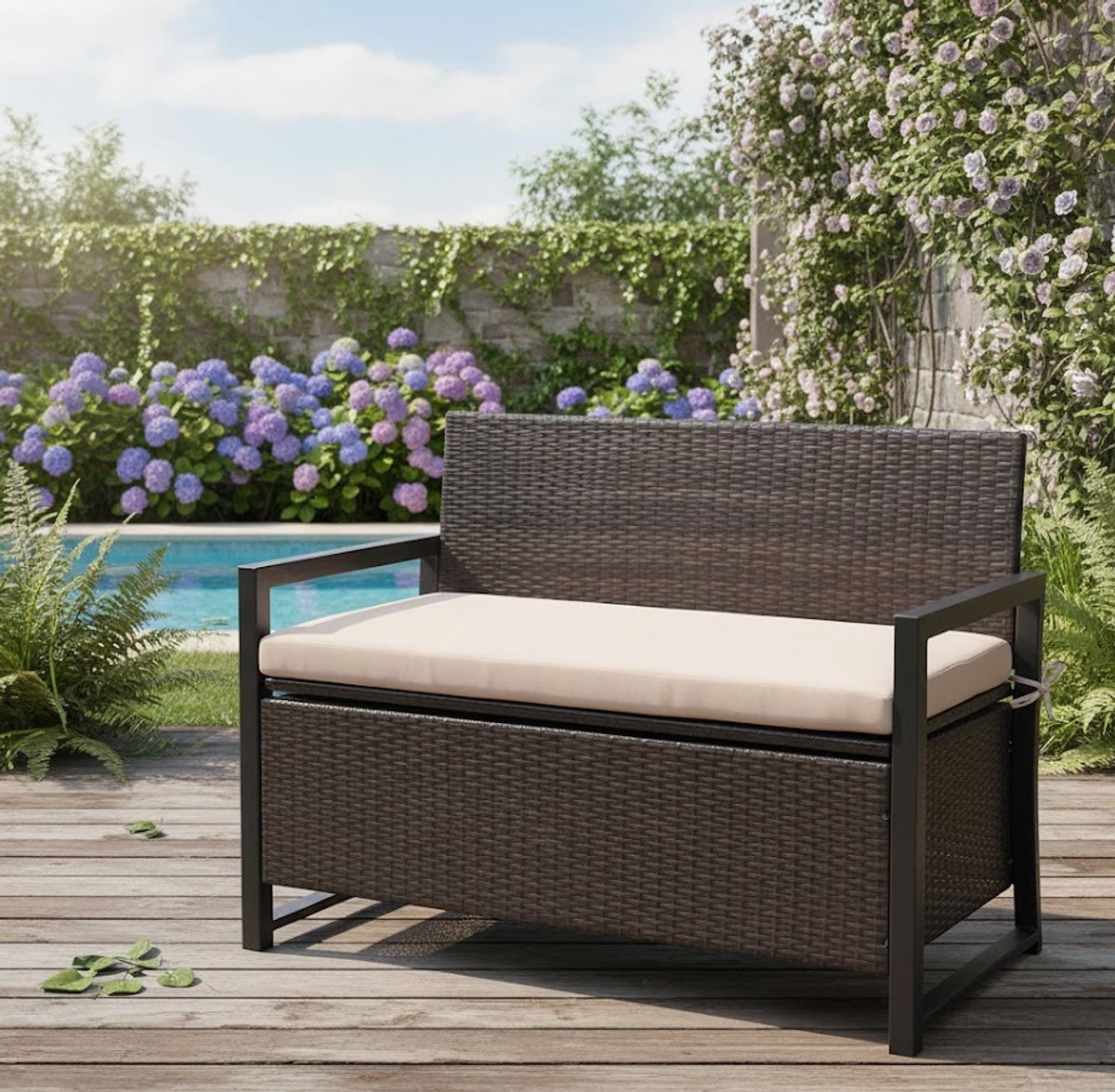 Luxe 2-Persoons Poly Rattan Tuinbank met Opbergruimte en Comfortabele Kussens – Modern Bruin-Beige 150L Opbergbox – Patio, Balkon en Tuinmeubilair House&Garden