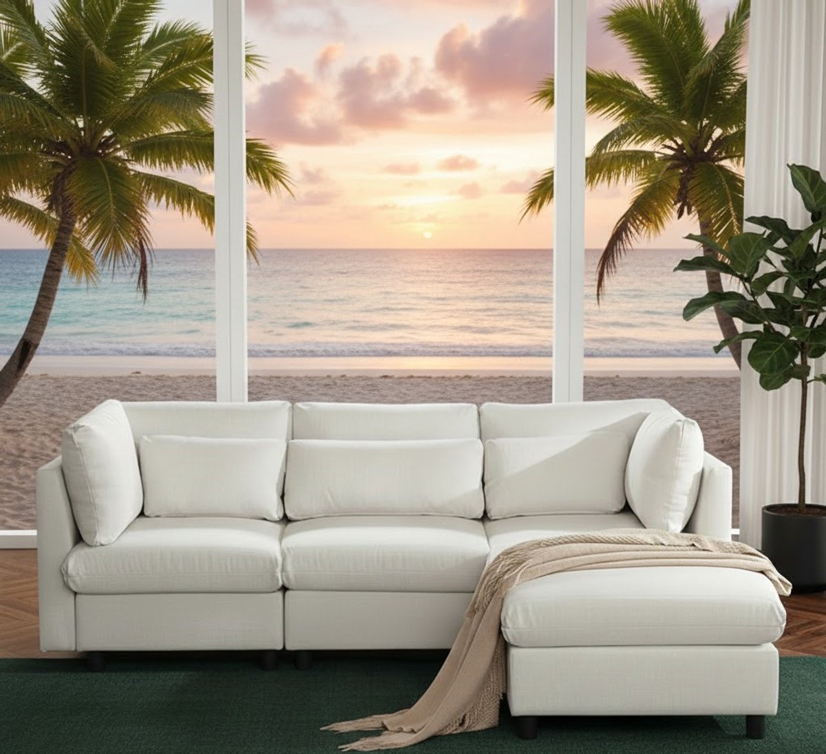 Luxe L-vormige Hoekbank met Voetenbank – 4-Zits Modern Design Sofa voor Woonkamer – Beige – House&Garden