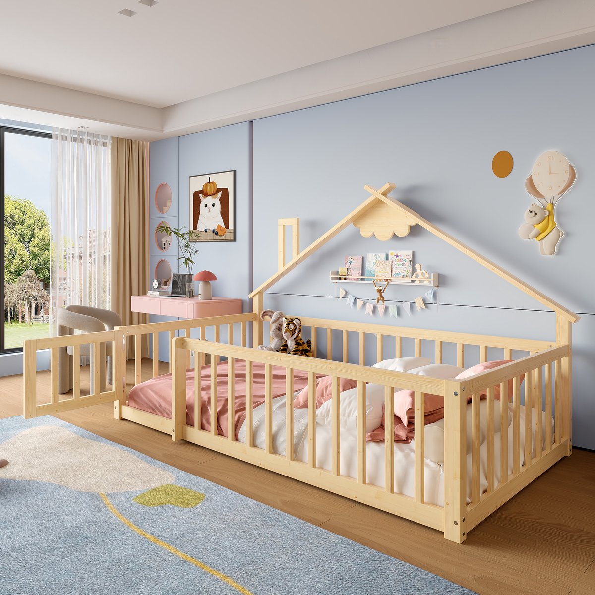 REDOM Kinderbed 90x190 cm van grenenhout/MDF – Huisframe met veiligheidshek – Naturel