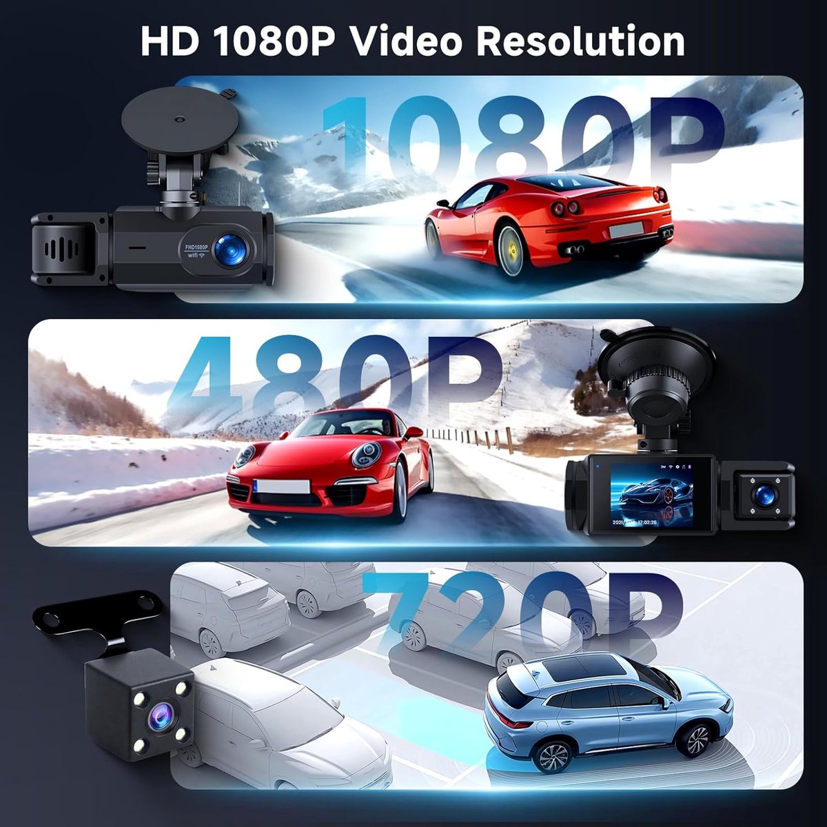 WiFi Dashcam voor Auto – 3-kanaals Draadloze Dashcam met App, Voor Binnenin Achter Camera, Full HD 1080P, 2” IPS-scherm, Nachtzicht, Bewegingsdetectie, Loopopname, 64GB-kaart Inbegrepen – foto 2
