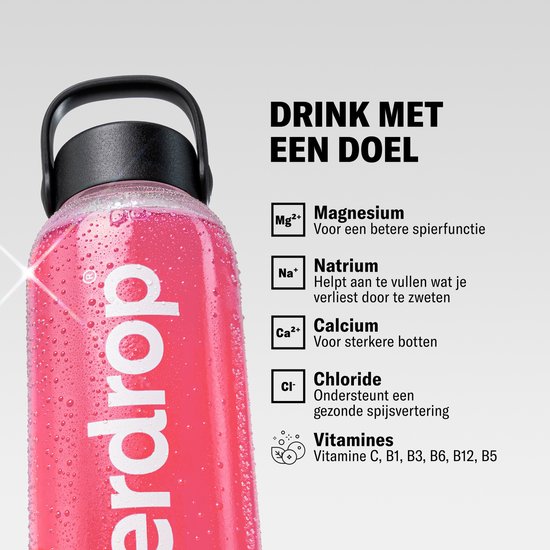 Een hand voegt een waterdrop elektrolytenblokje toe aan een beker met ijskoud water. Instructies voor water, oplossen en genieten.