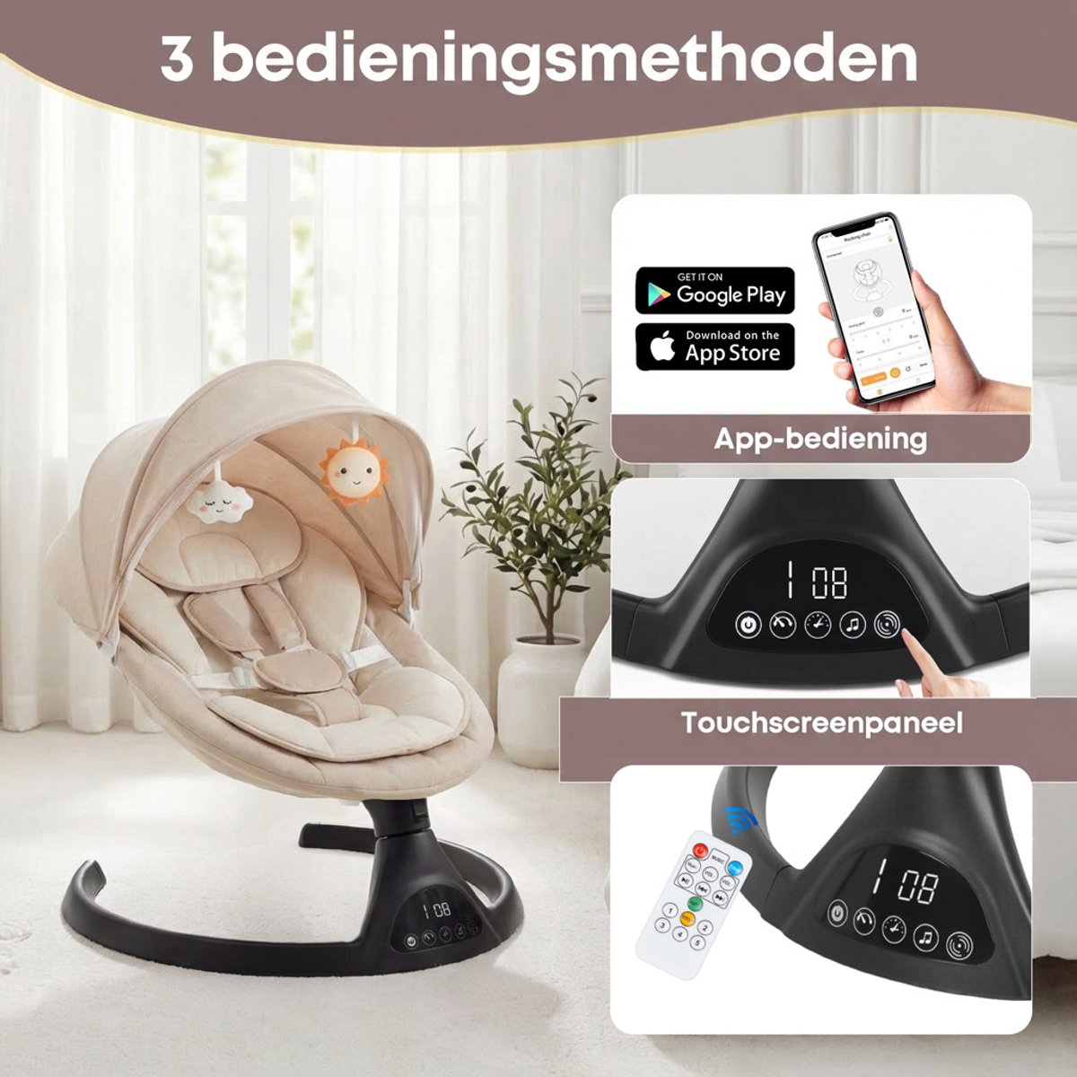 3Babies Baby Swing - Elektrisch Wipstoel - Beige en zwart thumbnail 5