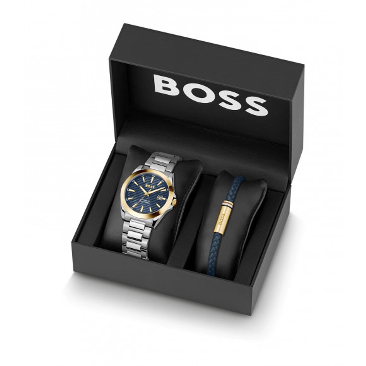 Hugo Boss Strike Boxset Horloge 1570191, Blauwe Wijzerplaat, Zilverkleurige Band, Met Blauwe Armband