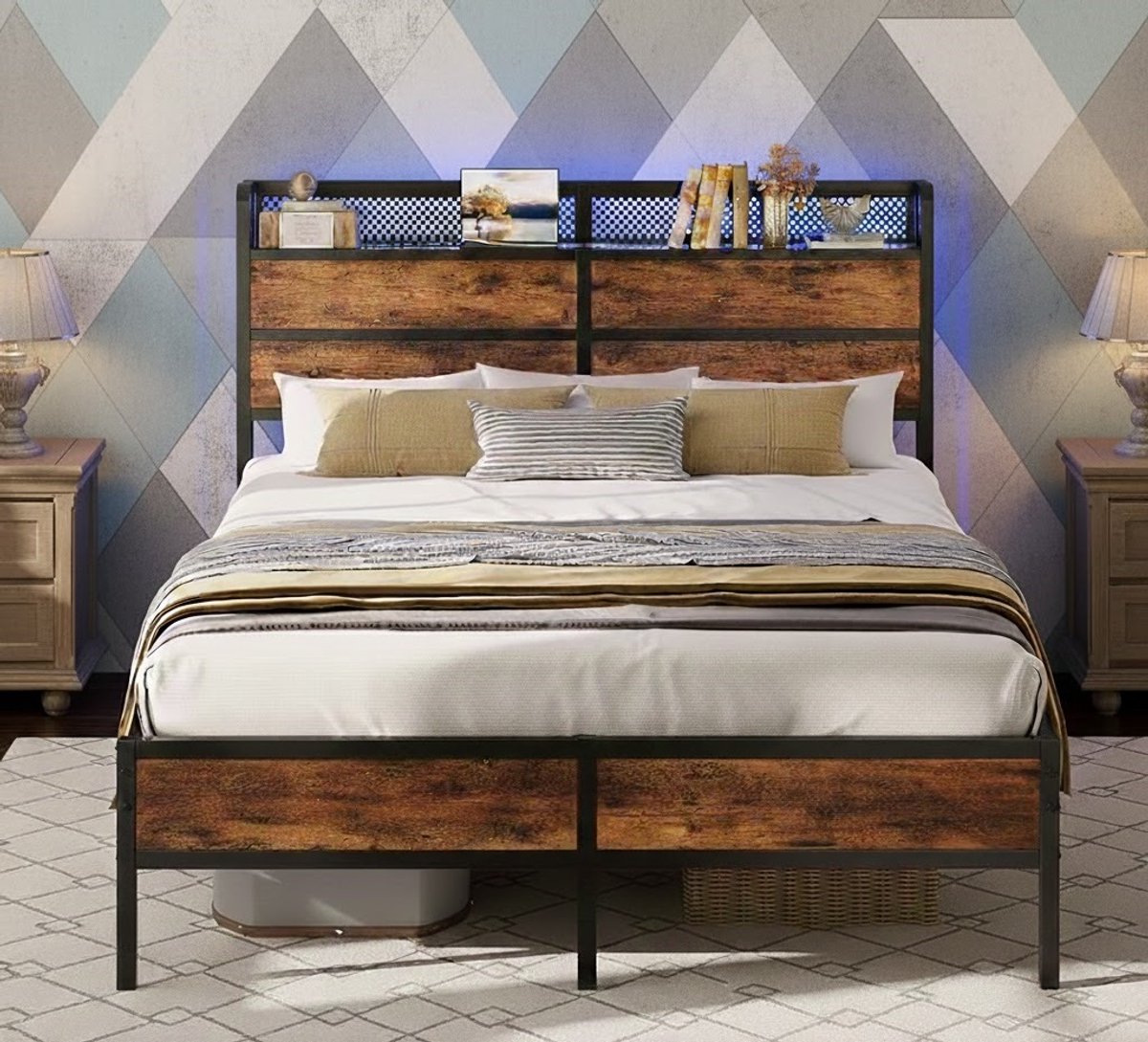 LuxBed 140x200 cm – Industrieel Metaal Tweepersoonsbed met LED-verlichting, USB & Type-C Laadstation, Opbergruimte en Lattenbodem – Tiener- en Slaapkamerbed Furniture Land