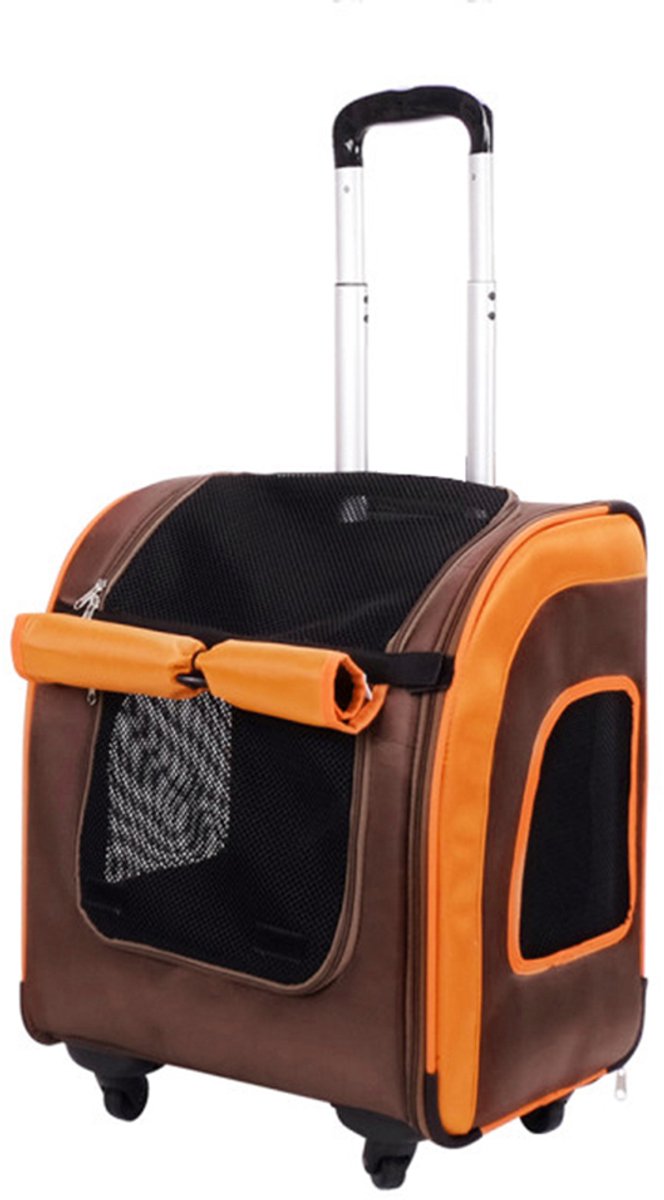 Ibiyaya Hondenbuggy en kattentrolley met rugzakfunctie – huisdierentrolley tot 10 kg – met 360 graden zwenkwielen – verstelbare duwstang – ademend mesh – oranje bruin