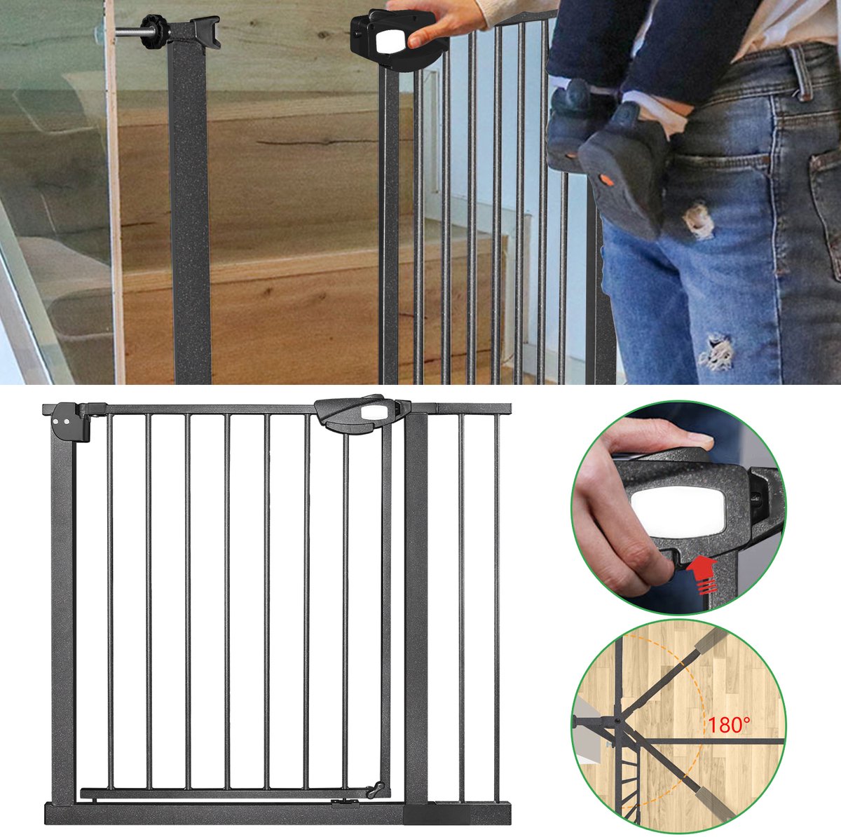 Froadp 85-95 cm de large Barrière de sécurité pour porte sans perçage Barrière d'escalier Barrière d'escalier pour enfants Barrière de porte Auto-Close 180° Ouverture bidirectionnelle Barrière de sécurité pour bébés et enfants, Noir