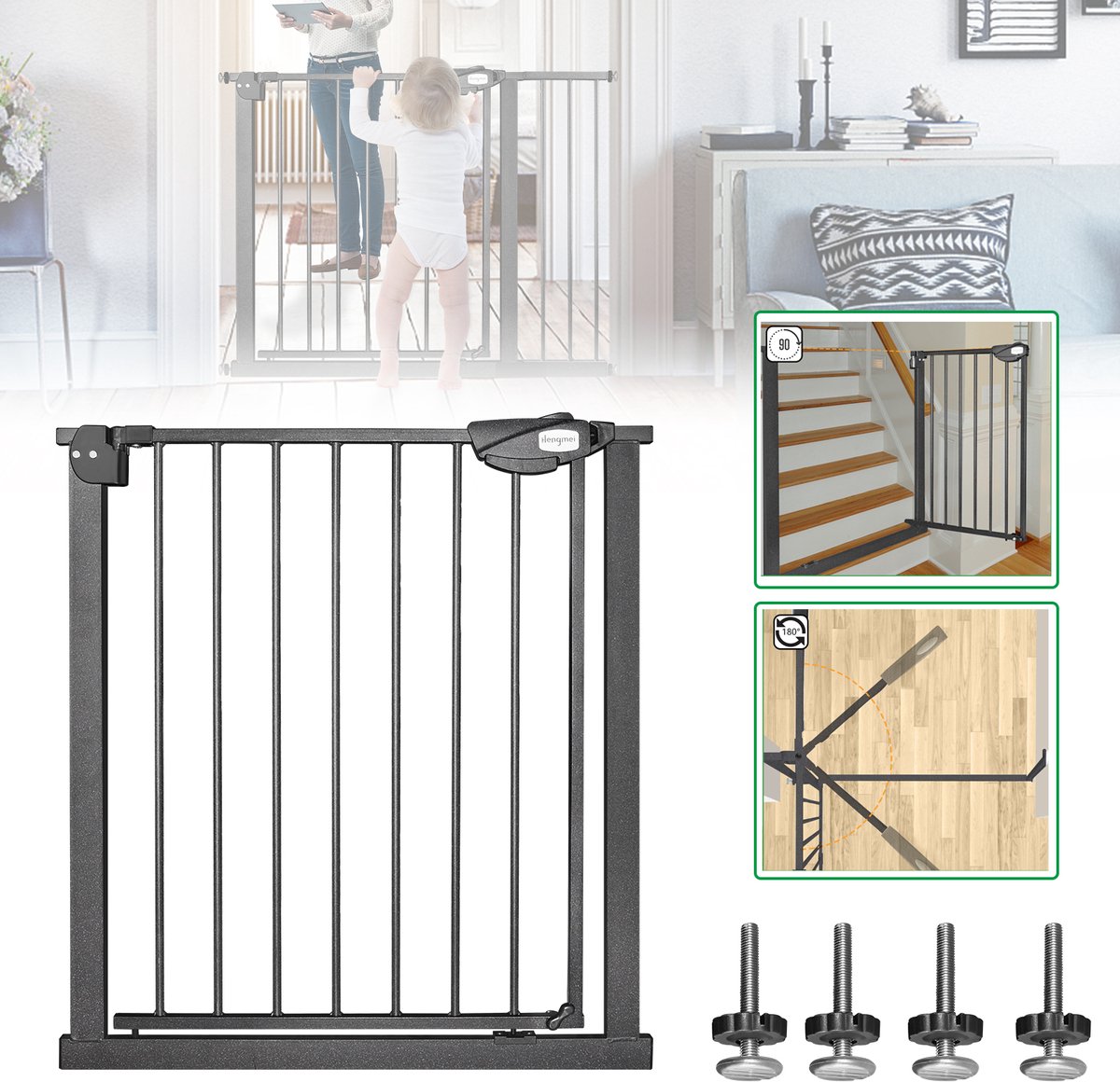 Froadp 75-85 cm de large Barrière de sécurité pour porte sans perçage Barrière d'escalier Barrière d'escalier pour enfants Barrière de porte Auto-Close 180° Ouverture bidirectionnelle Barrière de sécurité pour bébés et enfants, Noir