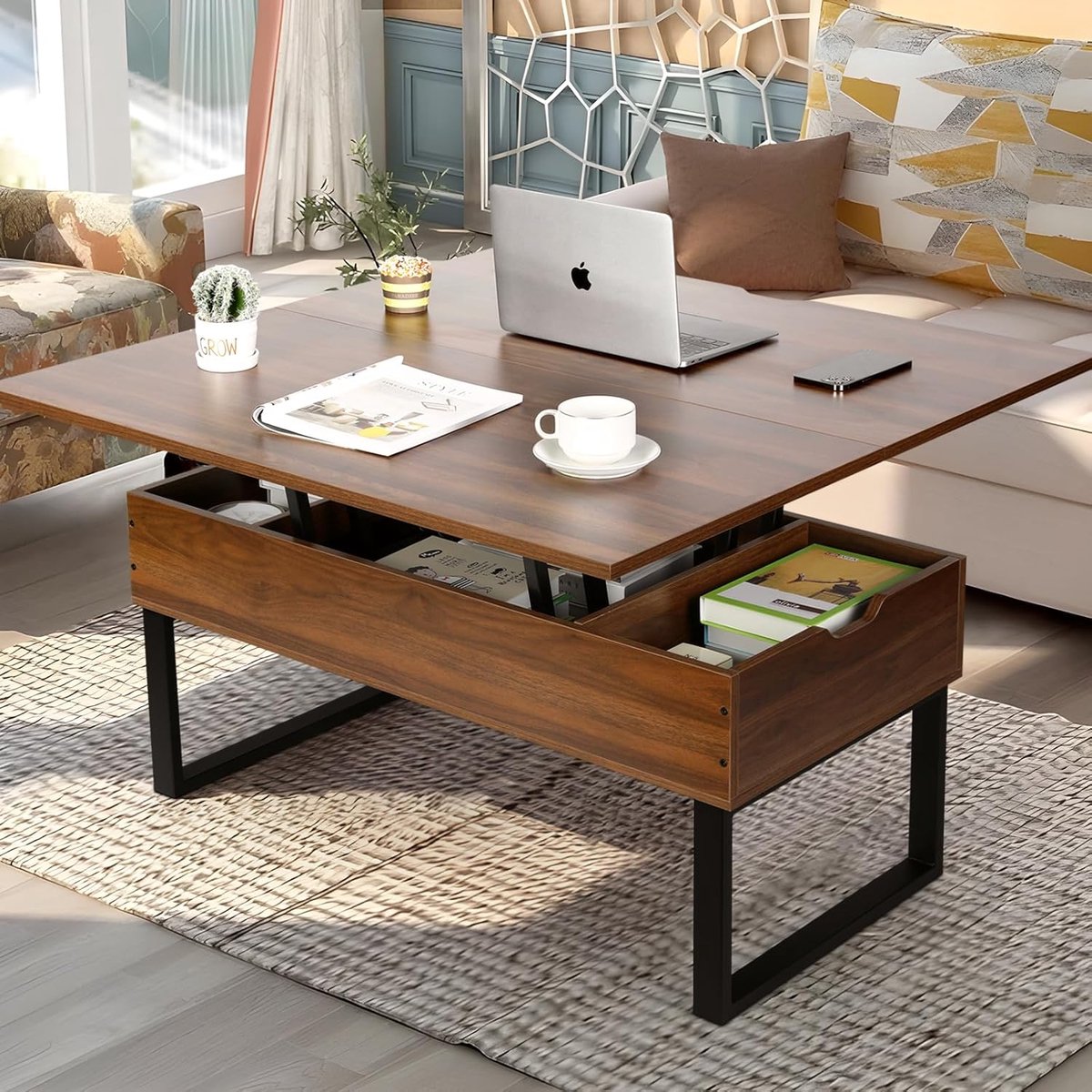 Salontafel in hoogte verstelbaar 3-in-1 met lift-top en verborgen opbergruimte – Omvormbaar tot eettafel & werktafel – 100 x 50 x 49 cm – Walnootkleur – Pauwhome