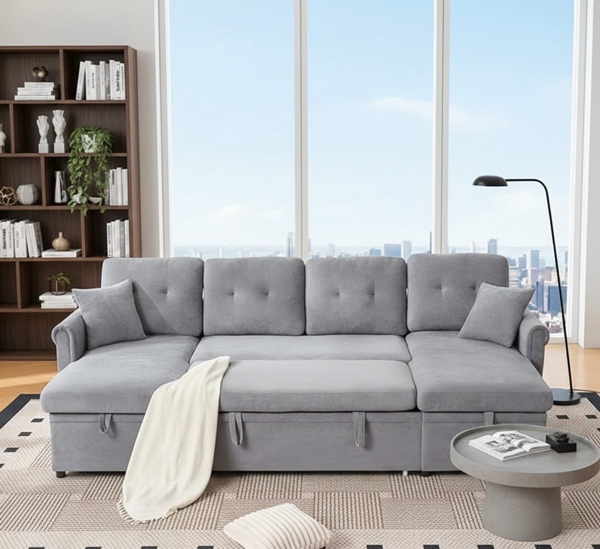 Luxe 4-Zits Hoekbank Bed met Opbergfunctie, Verstelbare Lounger, USB & Bekerhouders – Velvet Comfort Sofa – Carbon Grijs | House&Garden