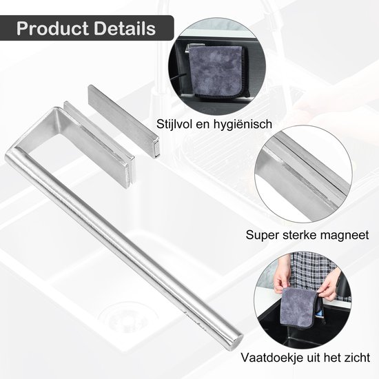 Zilverkleurige vaatdoekhouder van roestvrij staal met de tekst 'Product Details' en 'Super sterke magneet'.