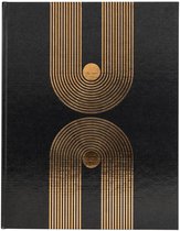 Zwart notitieboek met goudkleurig geometrisch patroon van bogen en een cirkel.