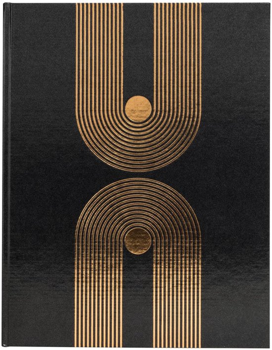 Zwart notitieboek met goudkleurig geometrisch patroon van bogen en een cirkel.