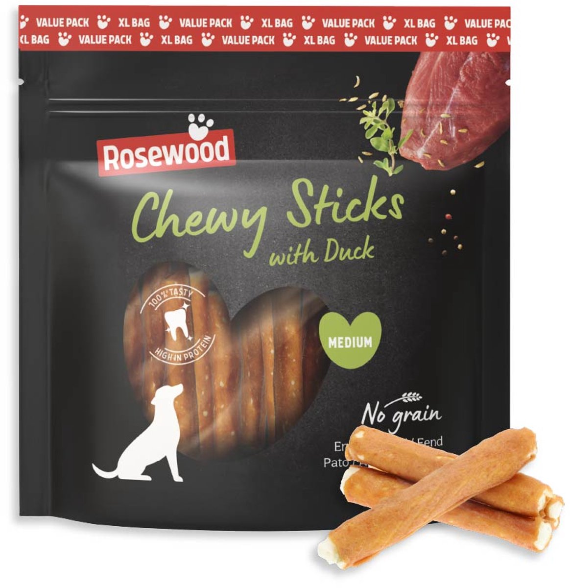 Rosewood Chewy Sticks Hondensnack Eend Medium – Kauwsticks van Runderhuid – Voordeelverpakking 500 g – Graanvrij – Zonder Kunstmatige Toevoegingen