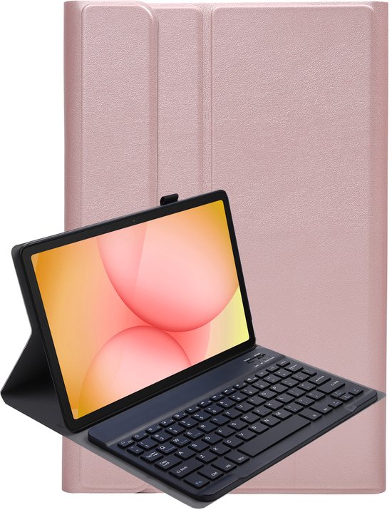 Étui de tablette rose style livre avec clavier ouvert et tablette à écran rose-orange.