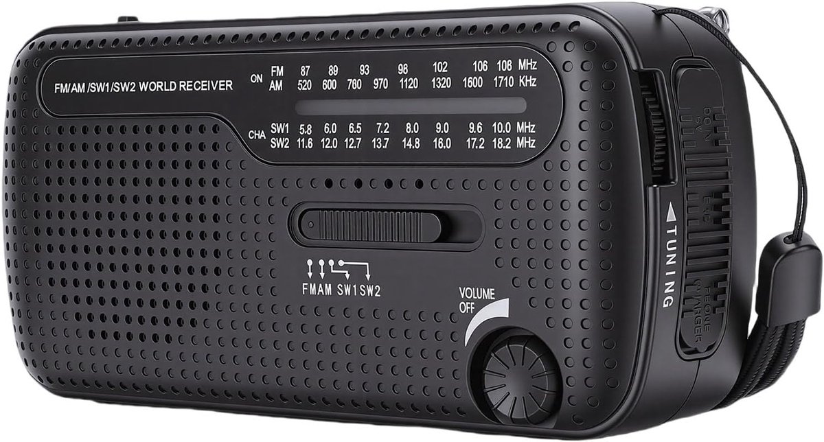 Draagbare Zonne-radio - Handslinger Radio - Noodsituaties Buiten - Vijfweg Oplaadbaar - 17 x 8 x 6 cm - Zwart