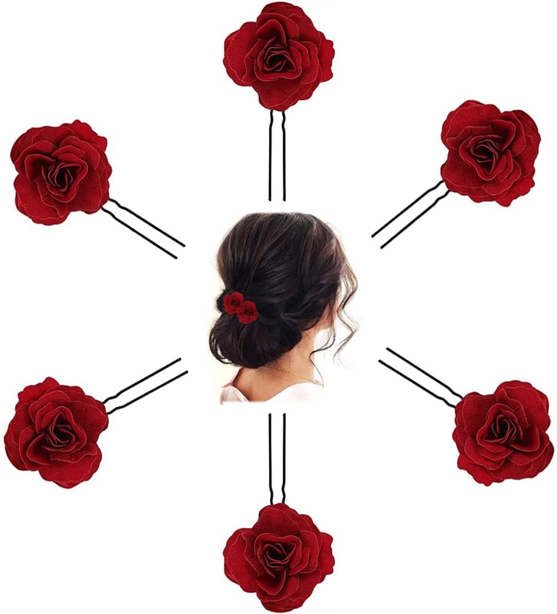 Rozen Haarclips - Bloem Speldjes - Feestelijk Kapsel - Set van Zes - 5 cm Bloem - Roze