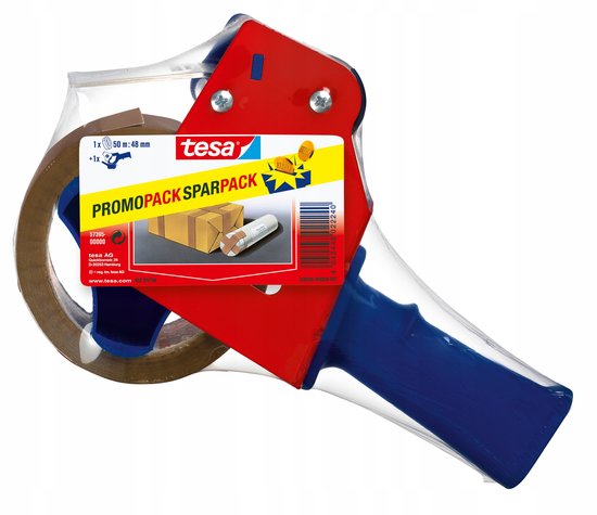 Tesa PROMOPACK SPARPACK tape dispenser met blauw handvat en rol bruine tape.