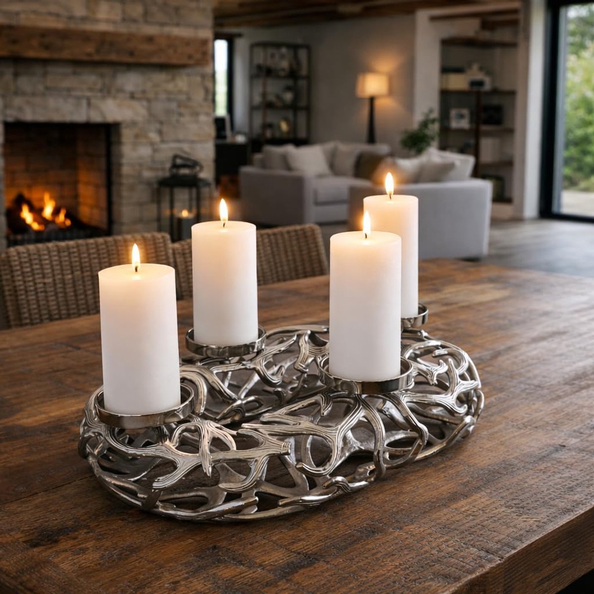 Kandelaar Gewei - Kaarsenhouder Decoratie - Sfeerverlichting Huis - Rustiek Aluminium Design - 50x30x14 cm - Zilver