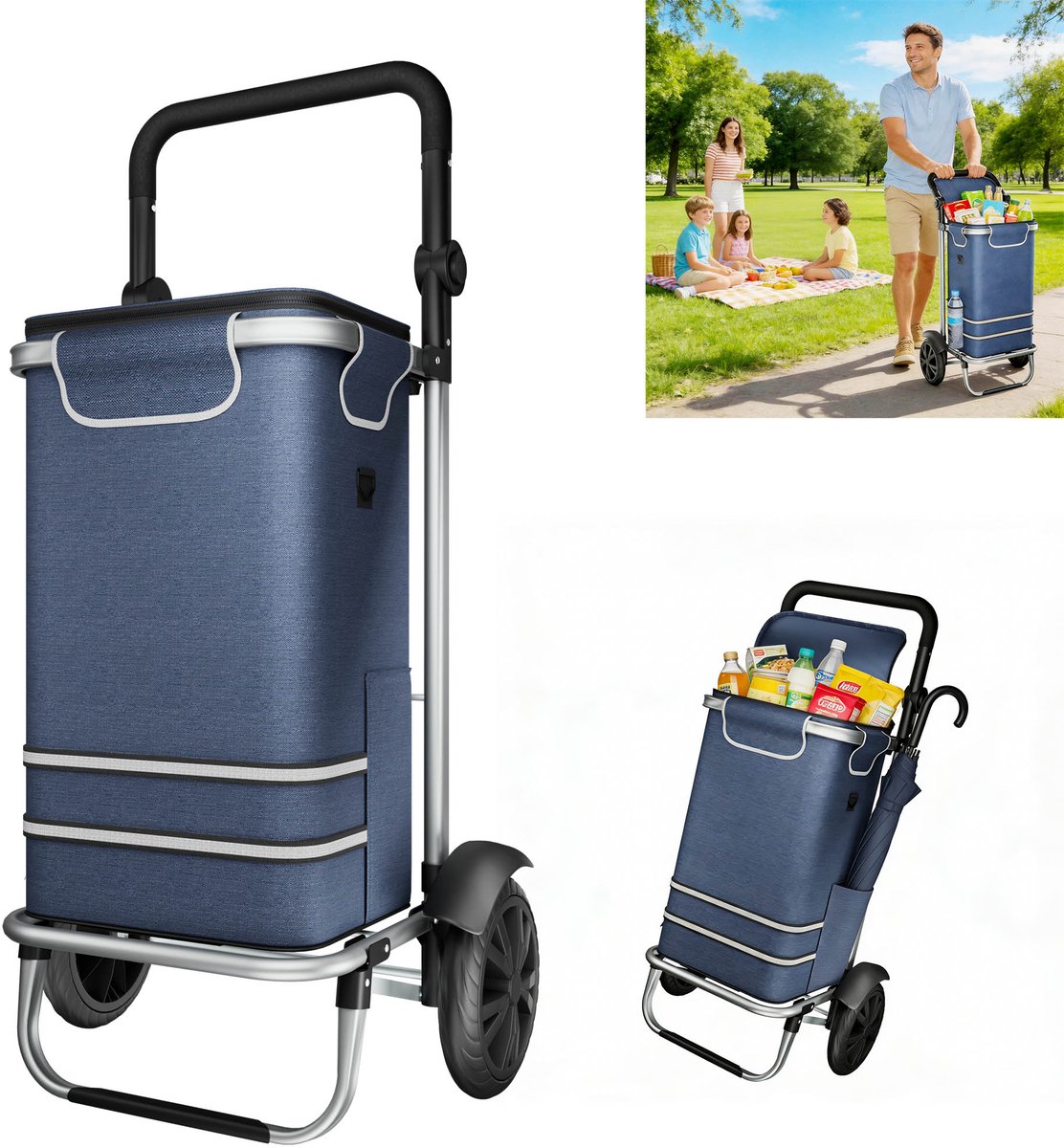 Froadp Drievoudig opvouwbare boodschappenwagen met koelvak, enkelwielig, blauw