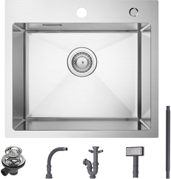 Évier en inox avec accessoires : passoire, tuyaux de vidange et rallonge.