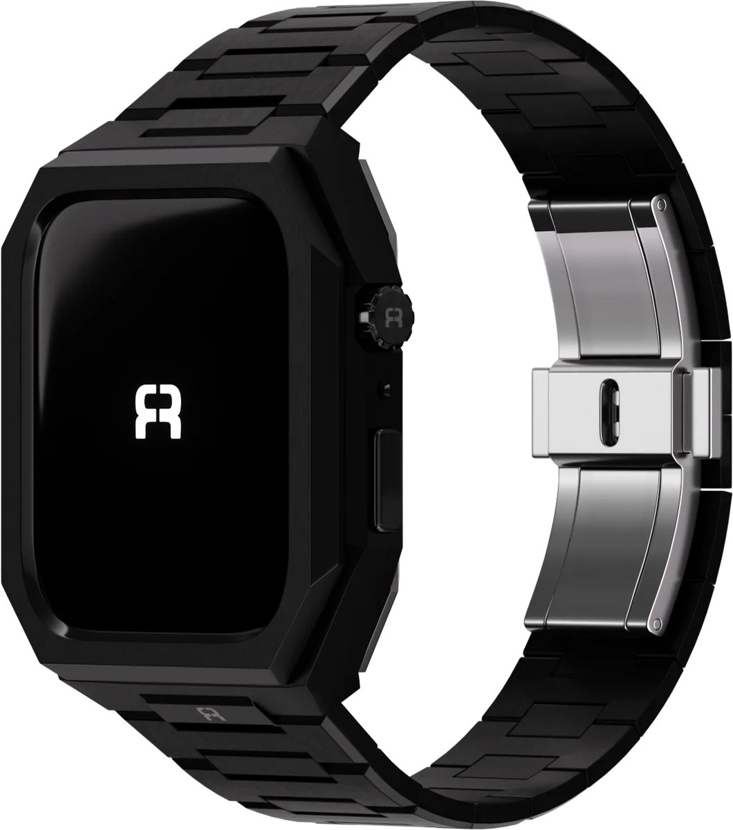 Reqior Case met stalen bandje Givoni RVS – geschikt voor Apple Watch 7 45mm / Apple Watch 8 45mm / Apple Watch 9 45mm – luxe, stevig – Zwart