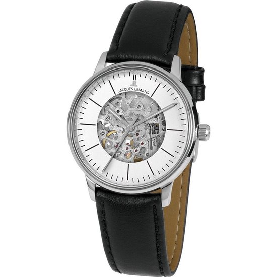 Zilverkleurige herenhorloge met witte wijzerplaat, skelet uurwerk en zwart leren band.