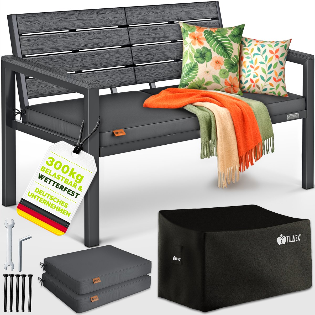tillvex® Tuinbank Weerbestendig 3-4 Zits met Hoes & Kussens | Parkbank in Houtlook tot 300kg Belastbaar UV-bestendig | Zitbank Tuin Terras Balkon met Wasbare Hoes