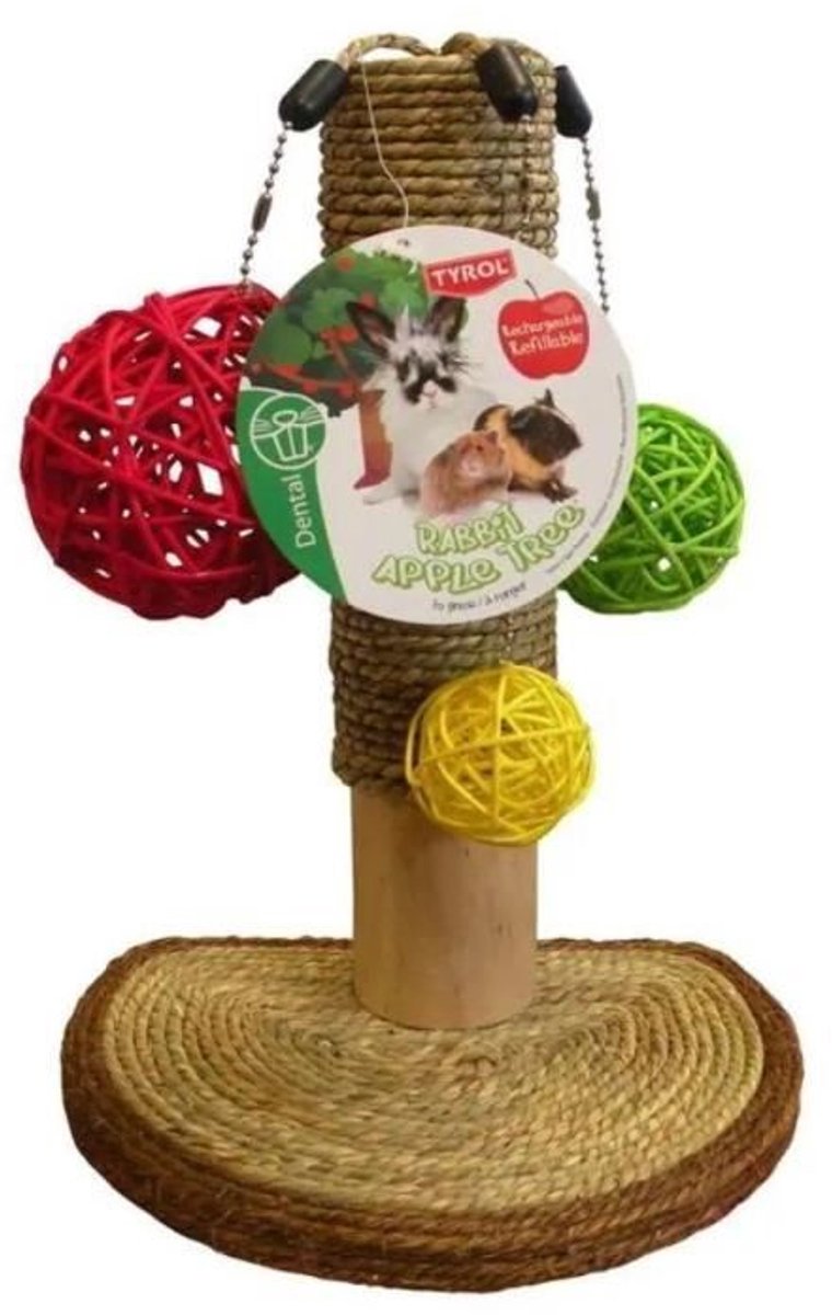 Knaagdieraccessoire - TIROL - Konijnenboom - Appelboom - 14 x 19 x 26 cm - Hout, zeegras, wijnstokballen, kooibevestiging