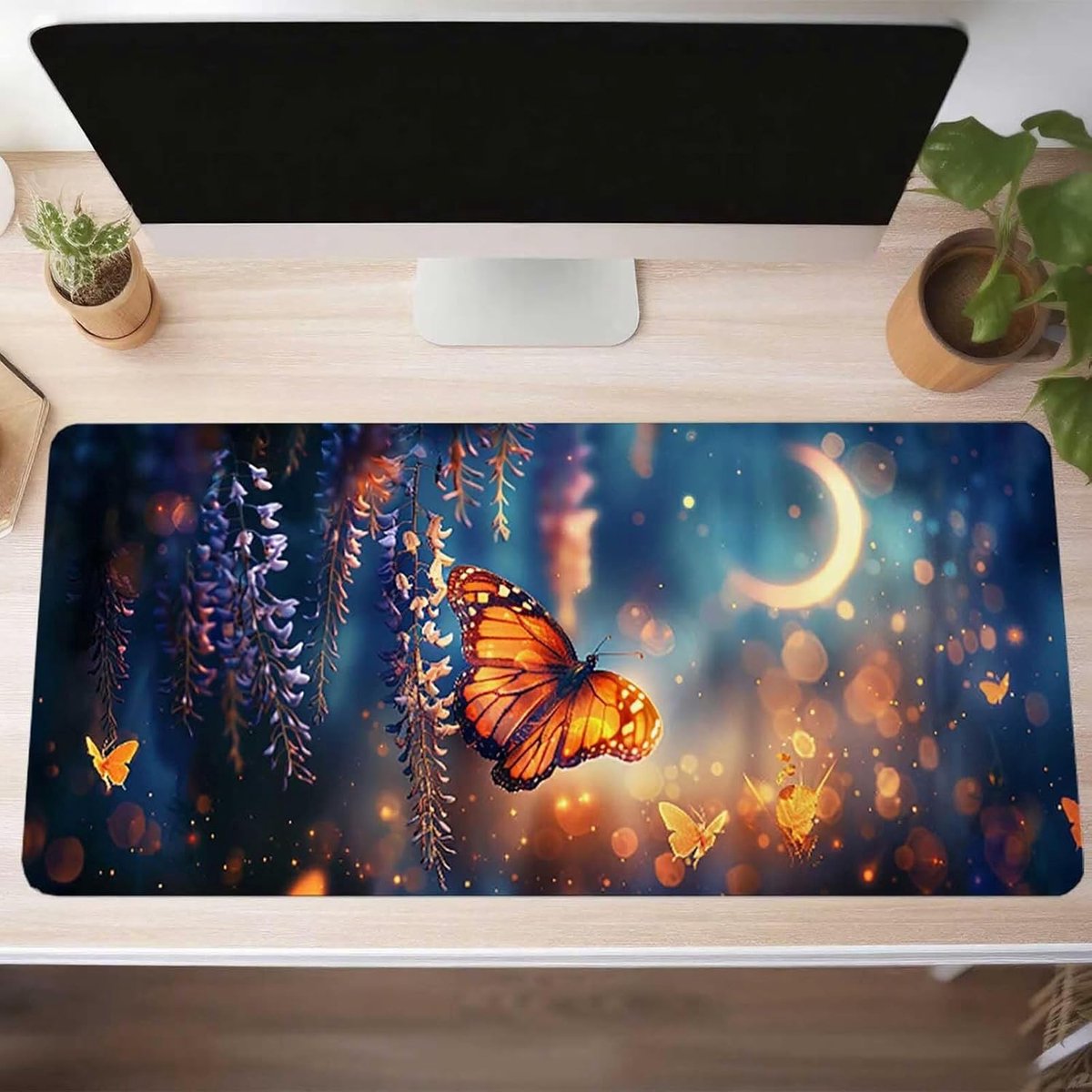 XXL Muismat - Grote Desk Pad - Gaming Kantoor - Waterdichte Antislip Basis - 140 x 60 cm - Vlinder Geel