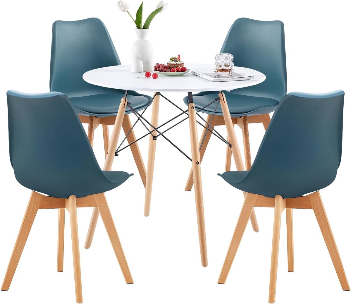 Eettafel met stoelen - Eetkamerset 5-delig - Gezellig tafelen - Massief beukenhouten poten