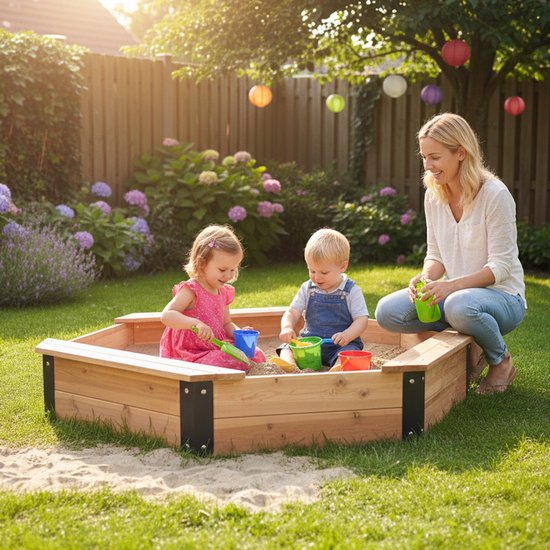 Vrolijke moeder kijkt toe hoe twee kinderen in een achthoekige houten zandbak spelen. Zonlicht door de bomen.