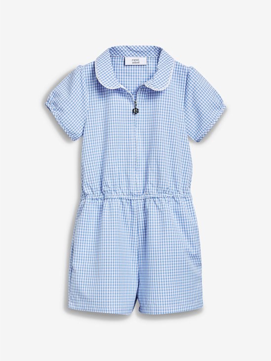 Blauw-wit geruit speelpakje met kraag, pofmouwtjes, ritssluiting aan de voorzijde en 'Next school' label.