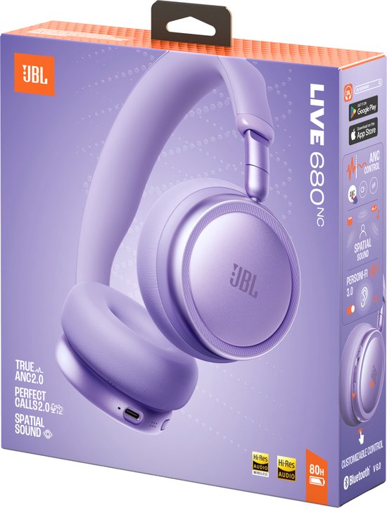 Lichtpaarse JBL Live 680NC koptelefoon in verpakking, met productinformatie.