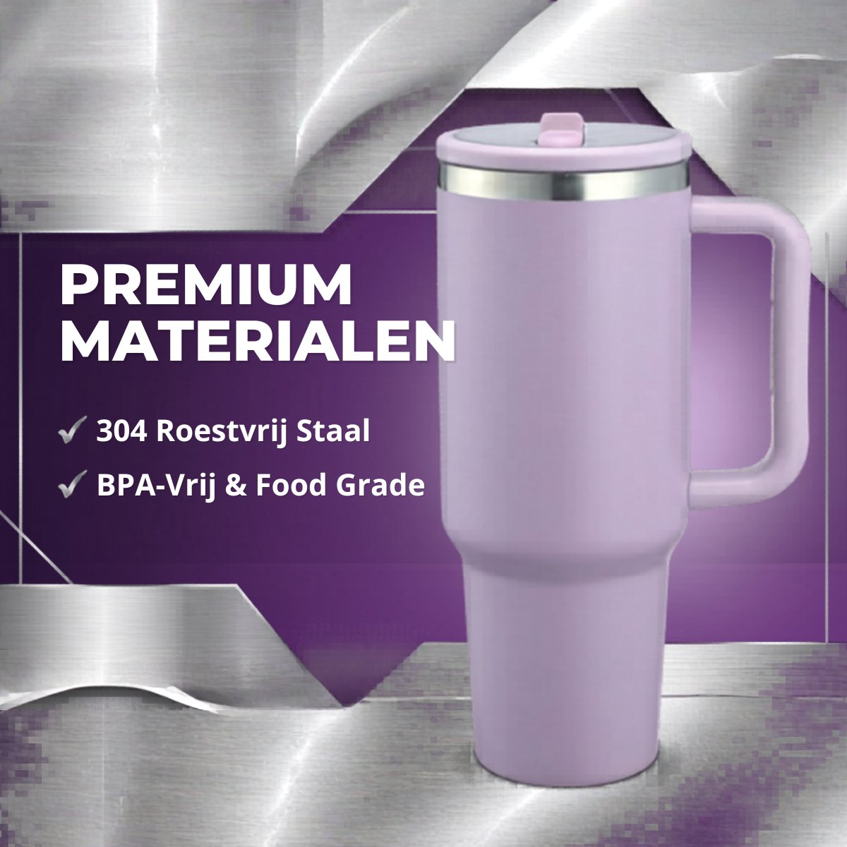Thermosbeker 40 oz (1,2 Liter) met Rietje - RVS Tumbler - Lavender - Travel Mug - Isoleerbeker voor Koude en Warme Dranken - Lekvrij Design - Roestvrij Staal – foto 4