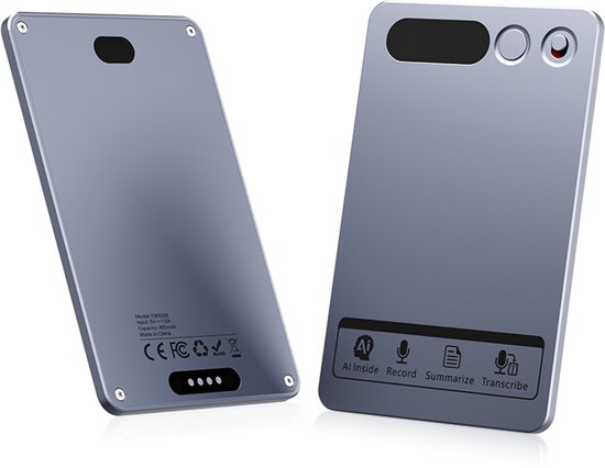 Grijze, slanke AI voice recorder met "Al Inside, Record, Summarize, Transcribe" iconen. Model FW9208.