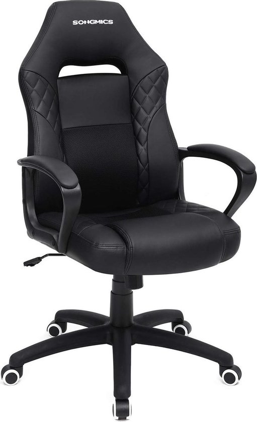 Zwarte ergonomische bureaustoel met de merknaam SONGMICS op de hoofdsteun.