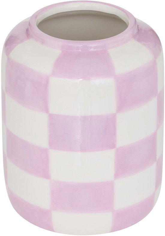 Lila en witte geruite keramieken vaas.