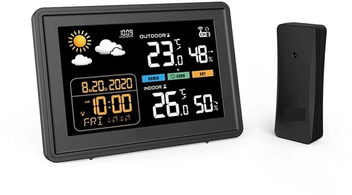 Weerstation Digitale Thermometer - Hygrometer Barometer - Binnen Buiten Meten - Witte Verlichting Dimbaar - 12-24 Uur Verwachting - Zwart
