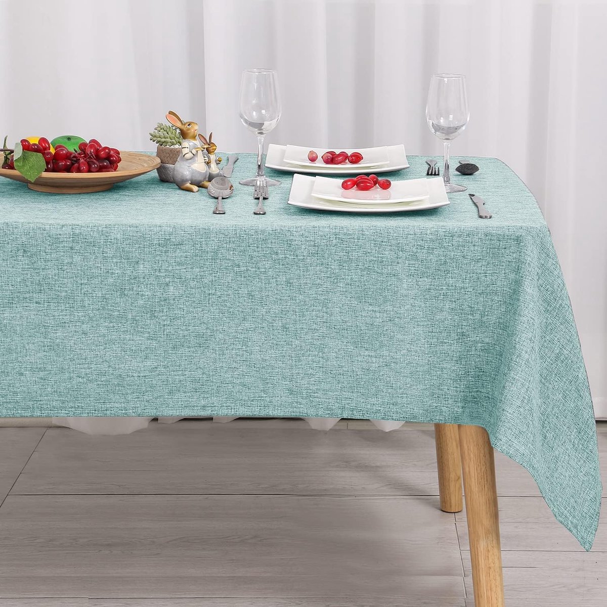Rechthoekig Tafelkleed Linnenlook Turquoise Waterafstotend Eenvoudig Onderhoud