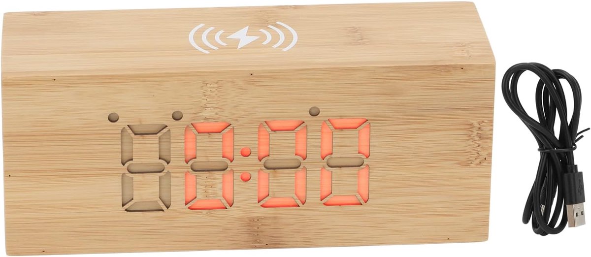 Houten Digitale Wekker - Draadloze Oplader Klok - Slaapkamer Nachtkastje - Thermometer Datumweergave - 11x9 CM - Bamboe Hout