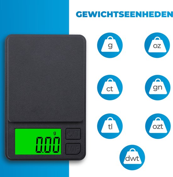 Zwarte digitale weegschaal met een groen display waarop 0.00 gram wordt aangegeven, naast icoontjes van verschillende gewichtseenheden.