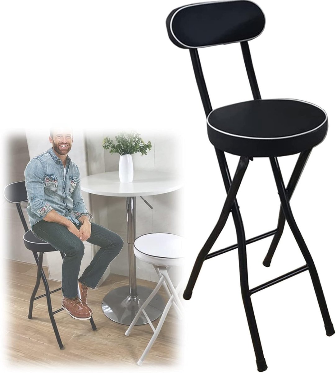Opvouwbare Barkruk - Inklapbare Stoel - Keuken Bar - Met Rugleuning - 26 Inch Zithoogte - Zwart