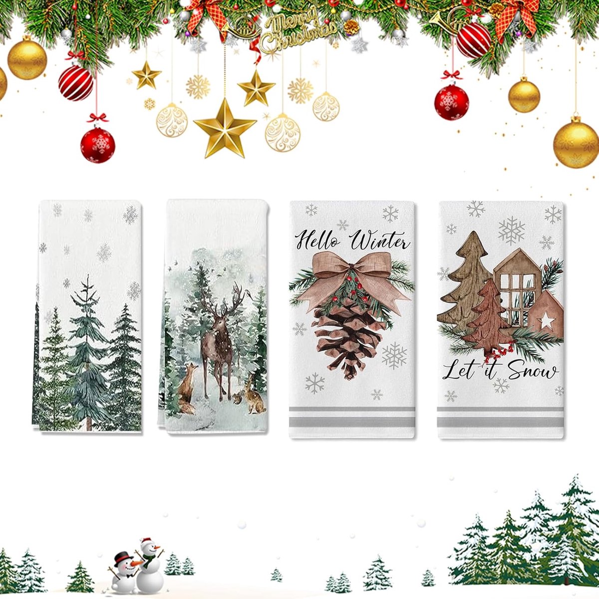 Kerst Keukendoeken - Theedoeken Set - Keuken Decoratie - Unieke Aquarel Designs - 40x60 cm - Wit