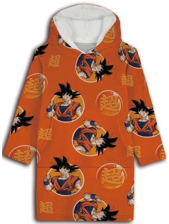 Oranje hoodie deken met Goku print en Japanse karakters. De voering is wit.