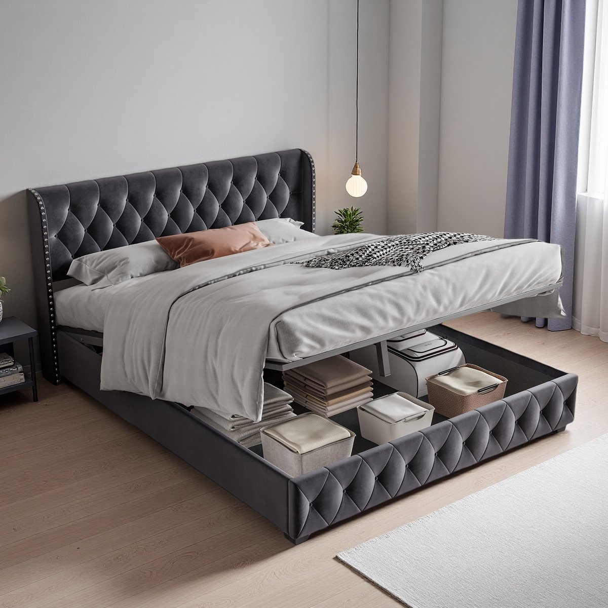 Opbergbed 160x200 cm – Tweepersoonsbed met Gaslift en Opbergruimte, Gestoffeerd Bedframe van Fluweel – Grijs
