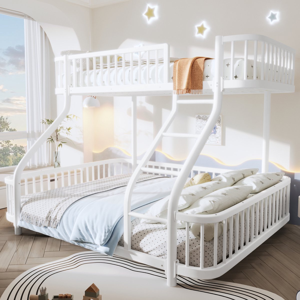 Stapelbed, 90 x 200 cm, 140 x 200 cm, Ijzeren Frame, Beschermrooster, Ladder, Zonder Matras, Wit