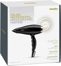 Zwarte BaByliss Super Pro 2300 föhn met gouden accenten. Italiano Professionnel Maitrise. 120 km/u luchtsnelheid.