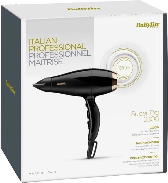 Zwarte BaByliss Super Pro 2300 föhn met gouden accenten. Italiano Professionnel Maitrise. 120 km/u luchtsnelheid.