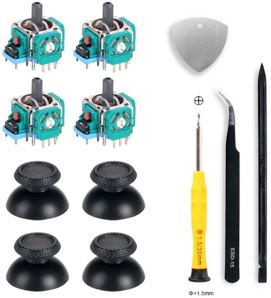 Reparatieset voor de joystick van een geschikt voor PS5-controller met demontageschroevendraaier, pincet en joystickkapjes.